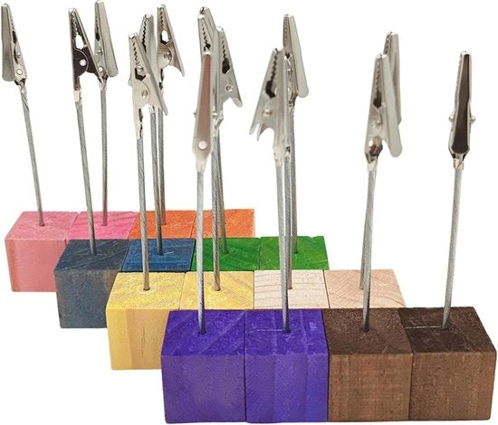 16 sostenitori di cartellini per tavolo in legno con clip a memoria, sostenitore di cartellini per tavolo in legno standard, clip per foto e note per matrimonio e festa, nome e numero di tavolo in legno