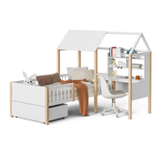 Letto Casetta 90x200 cm; Con Scrivania; Libreria e Cassetti - in Legno - Bianco