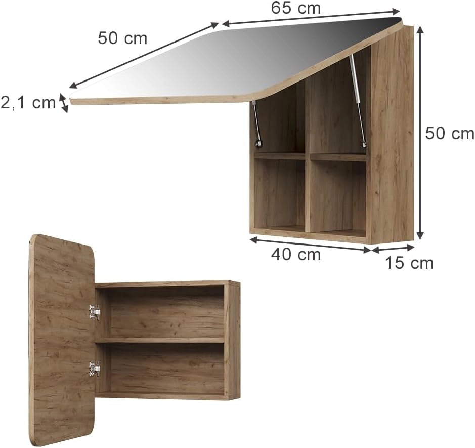 Specchio contenitore bagno Zino, Quercia dorata, 65 x 50 cm con ripiani