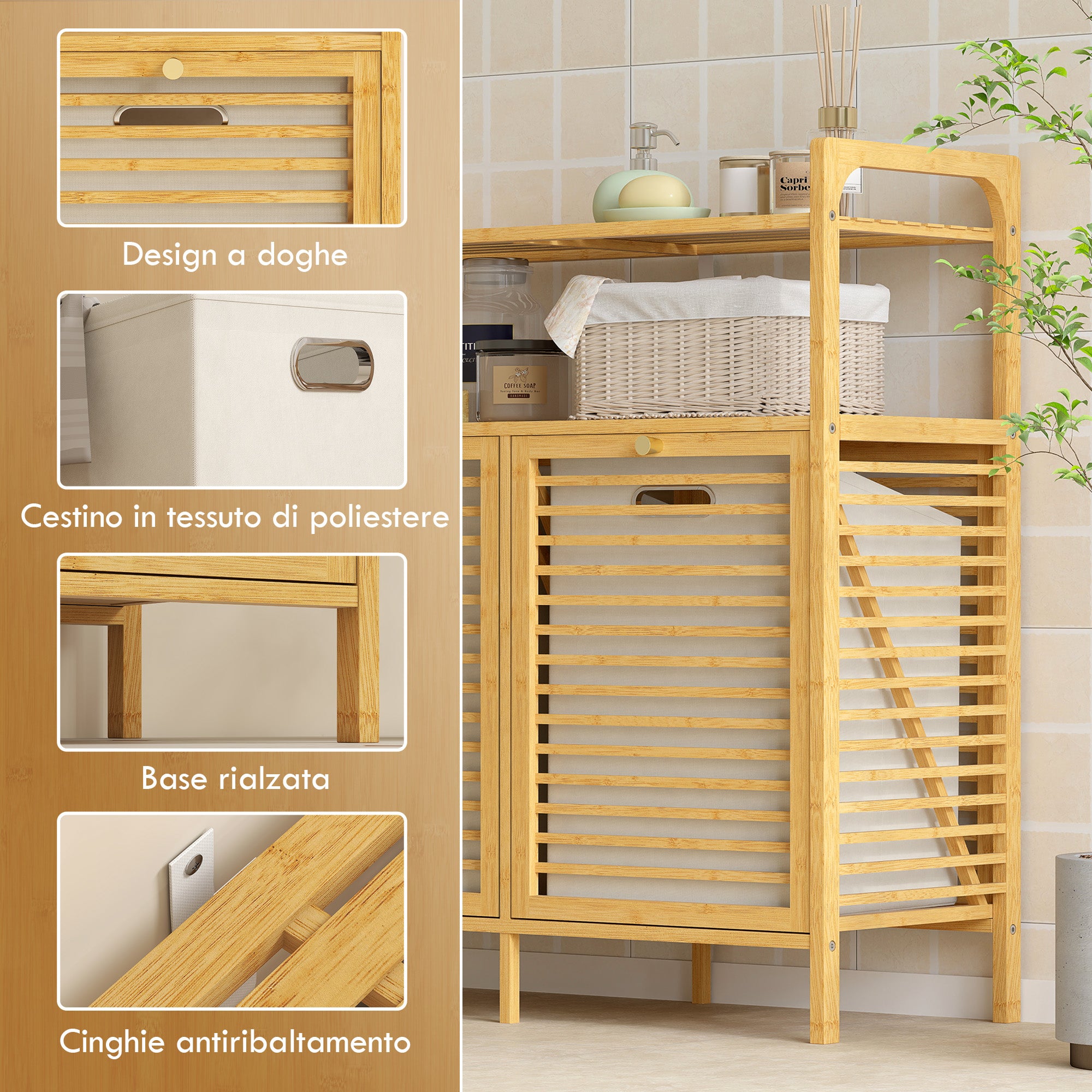 Mobile Bagno a Doghe con Cesti Portabiancheria 82x33x88 cm Capienza 41L in Bambù e Poliestere Crema