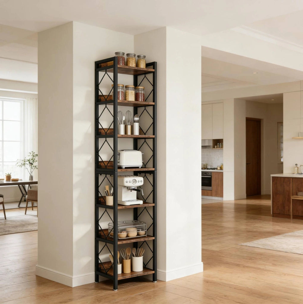 Libreria espositiva 34x34x200 cm nera/marrone rustico， 7 ripiani