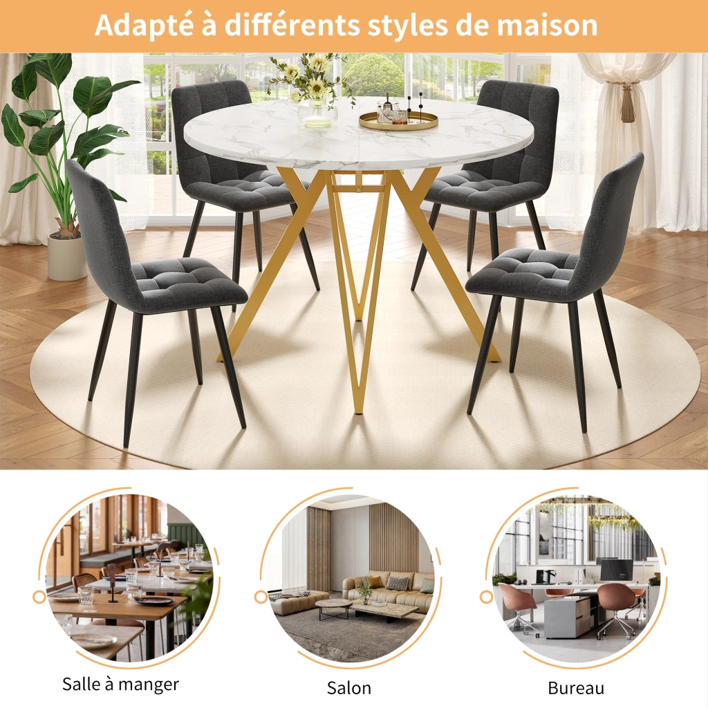 Tavolo da pranzo rotondo con piano in MDF effetto marmo e base in metallo, per sala da pranzo, oro 100 × 100 × 76 cm