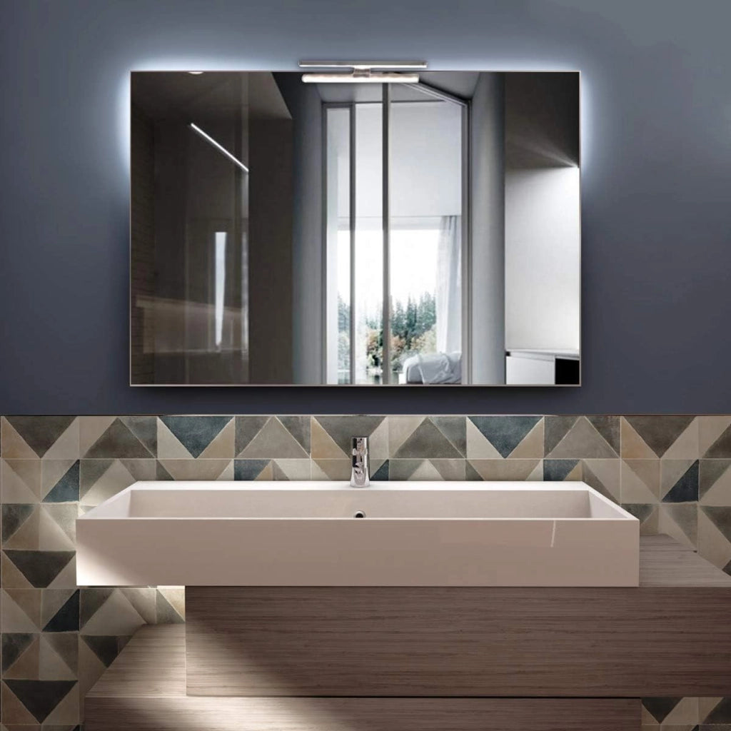 Specchio Bagno PERLA 100x70 cm, da Parete con Lampada Led Superiore, Senza Cornice Rettangolare Moderno, Luce Naturale, Design Home Decor