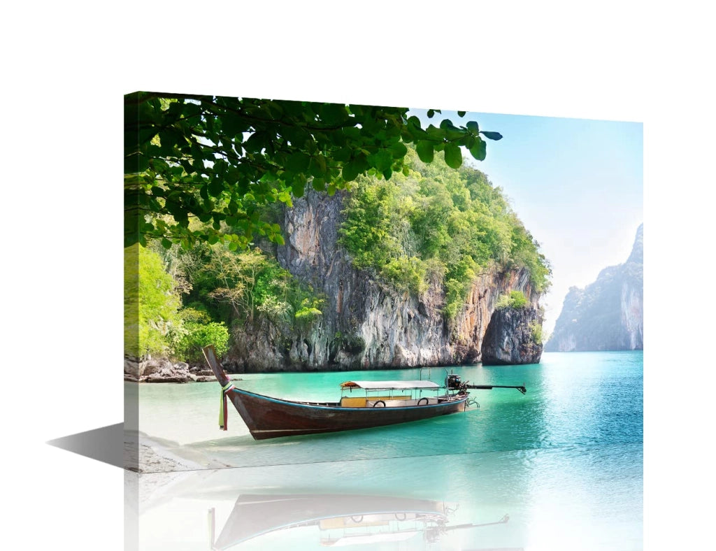 Dipinto su tela raffigurante una barca su un'isola in Thailandia, dimensioni 40x60 cm, con cornice
