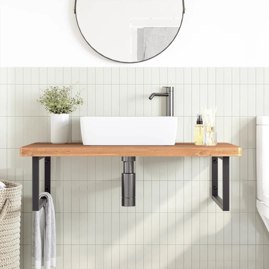 Ripiano a Parete per Lavabo in Acciaio e Massello di Faggio
