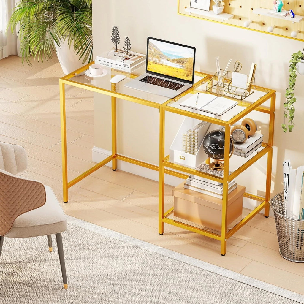 Scrivania con 2 Ripiani, Scrivania in Vetro Temperato e Acciaio, Scrittoio Salvaspazio e Moderno, Tavolo Versatile per Ingresso, Camera da Letto e Studio 106 x 51 x 77 cm (Oro)