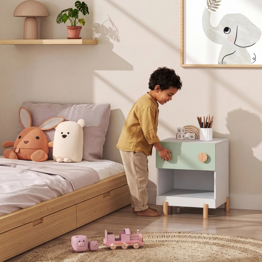 Comodino per Cameretta Vaarentaa con Cassetto e Scomparto Aperto 47x40x35 cm - Bianco/Verde Menta [en.casa]