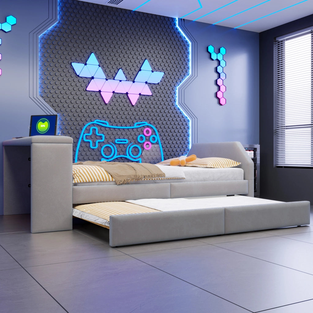 Letto imbottito per bambini 90x200 cm con scrivania, USB e letto estraibile in velluto grigio