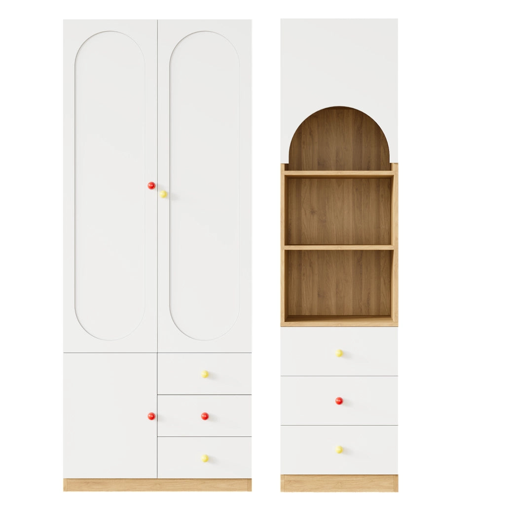 Set armadio e scaffale con ante e cassetti in MDF bianco e naturale