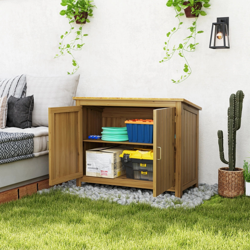 Armadio da Esterno in Legno Porta Attrezzi con 2 Porte e 2 Ripiani, 110x50x85 cm, Marrone