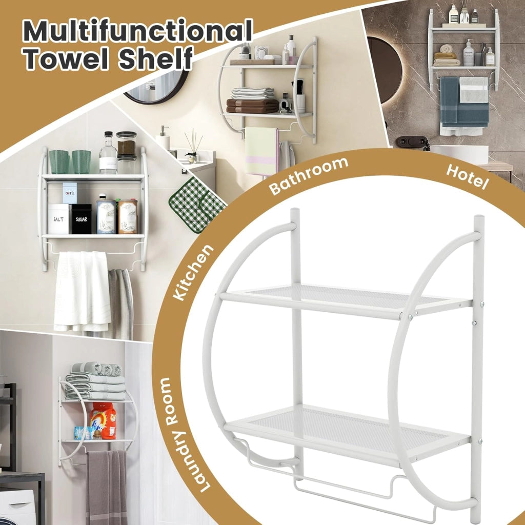 Porta Asciugamani Bagno da Parete, Mensola Bagno Doccia, Montaggio a Parete, con 2 Ripiani e 2 Portasciugamani, per Asciugamani, Antiruggine，45x25,5x55 cm (Bianco)