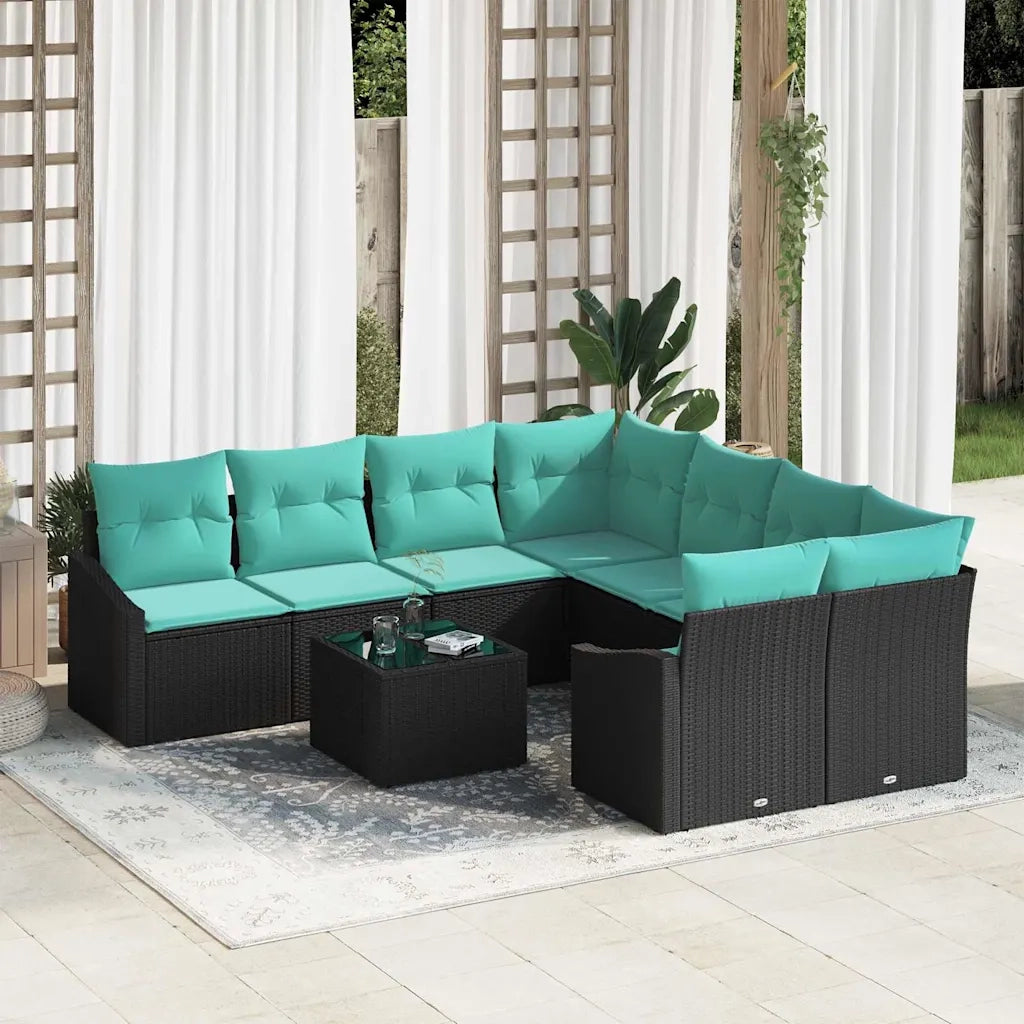 Set di divani con cuscino 9 pcs Nero e Turchese polyrattan