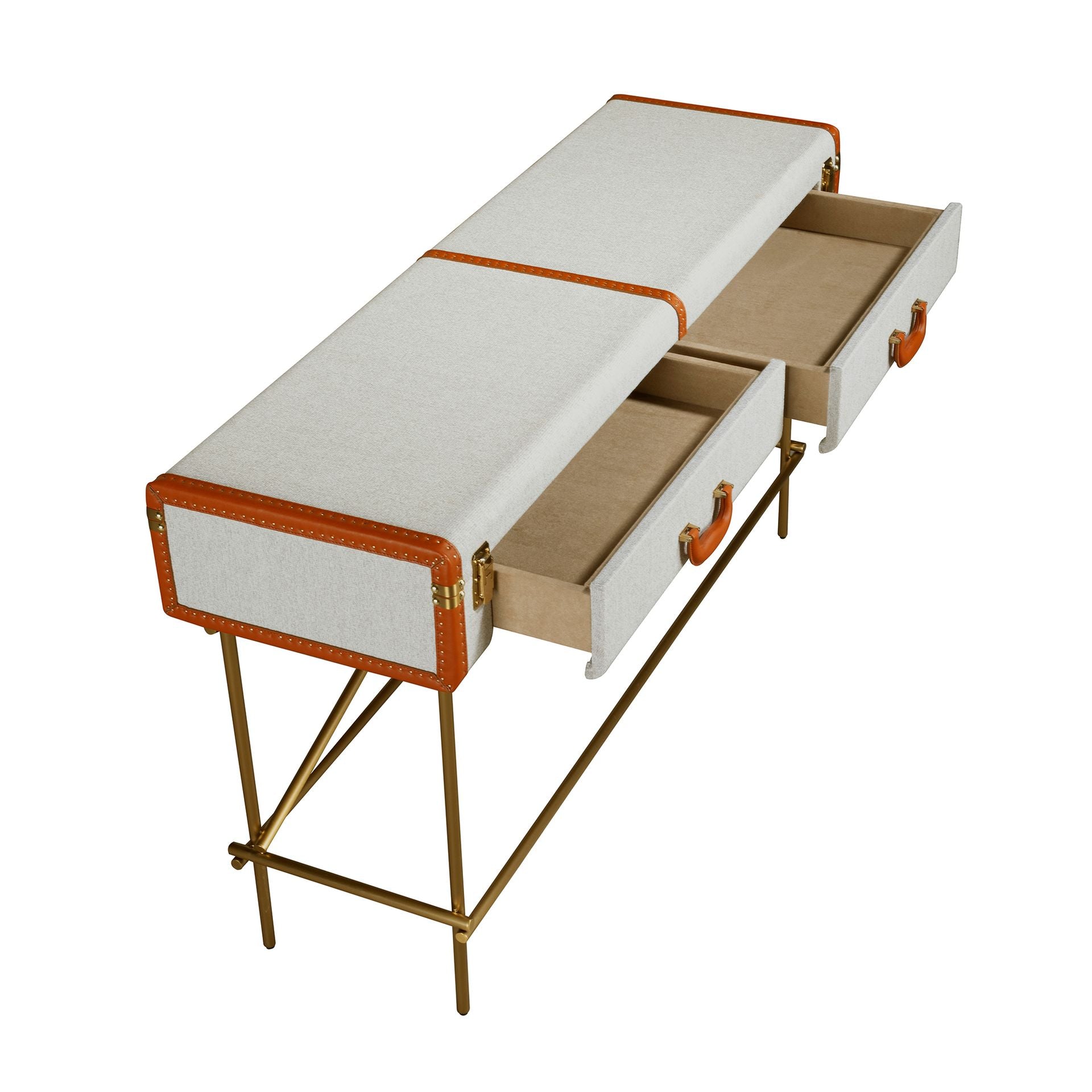 Consolle rettangolare, tessuto, noce e acciaio lucido dorato