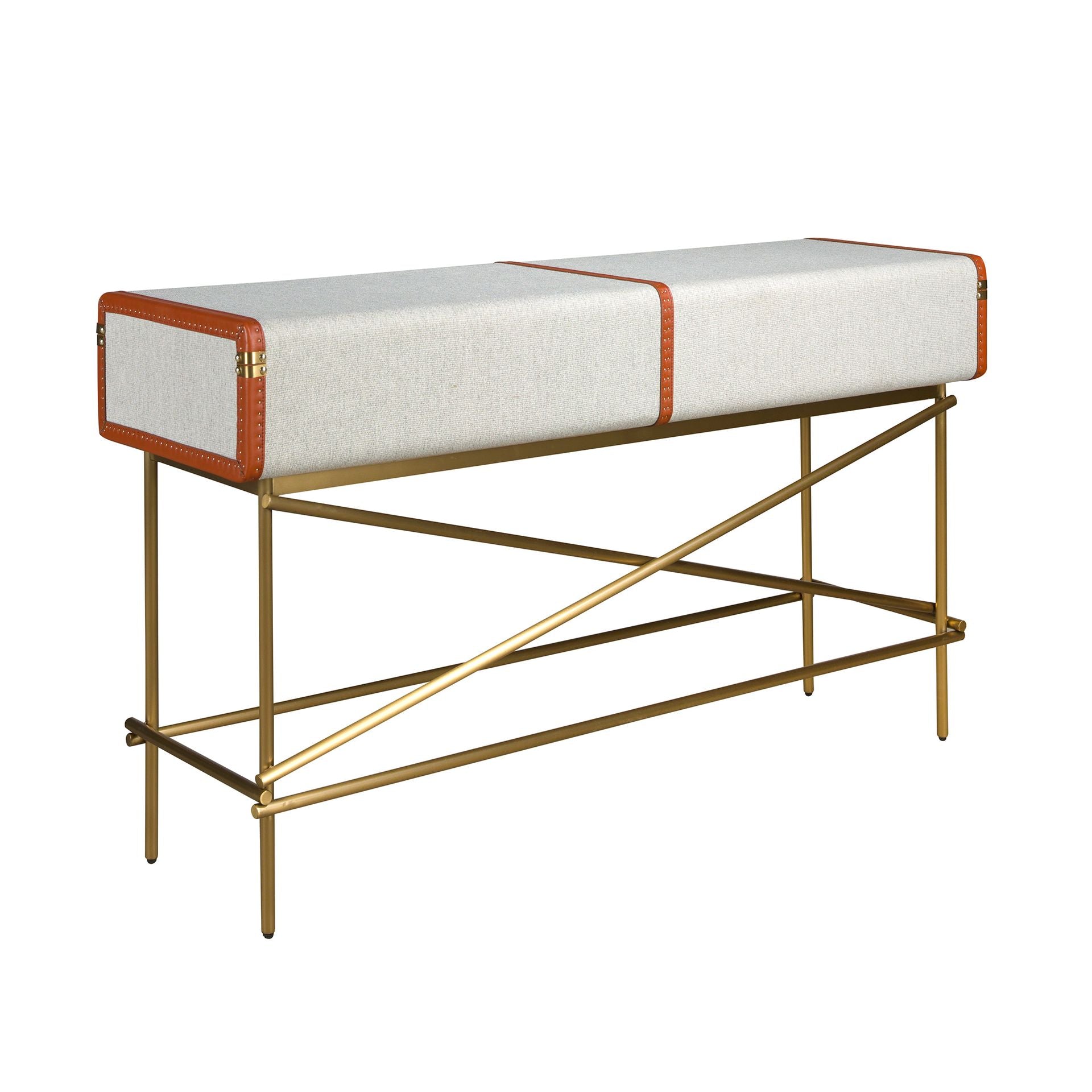 Consolle rettangolare, tessuto, noce e acciaio lucido dorato