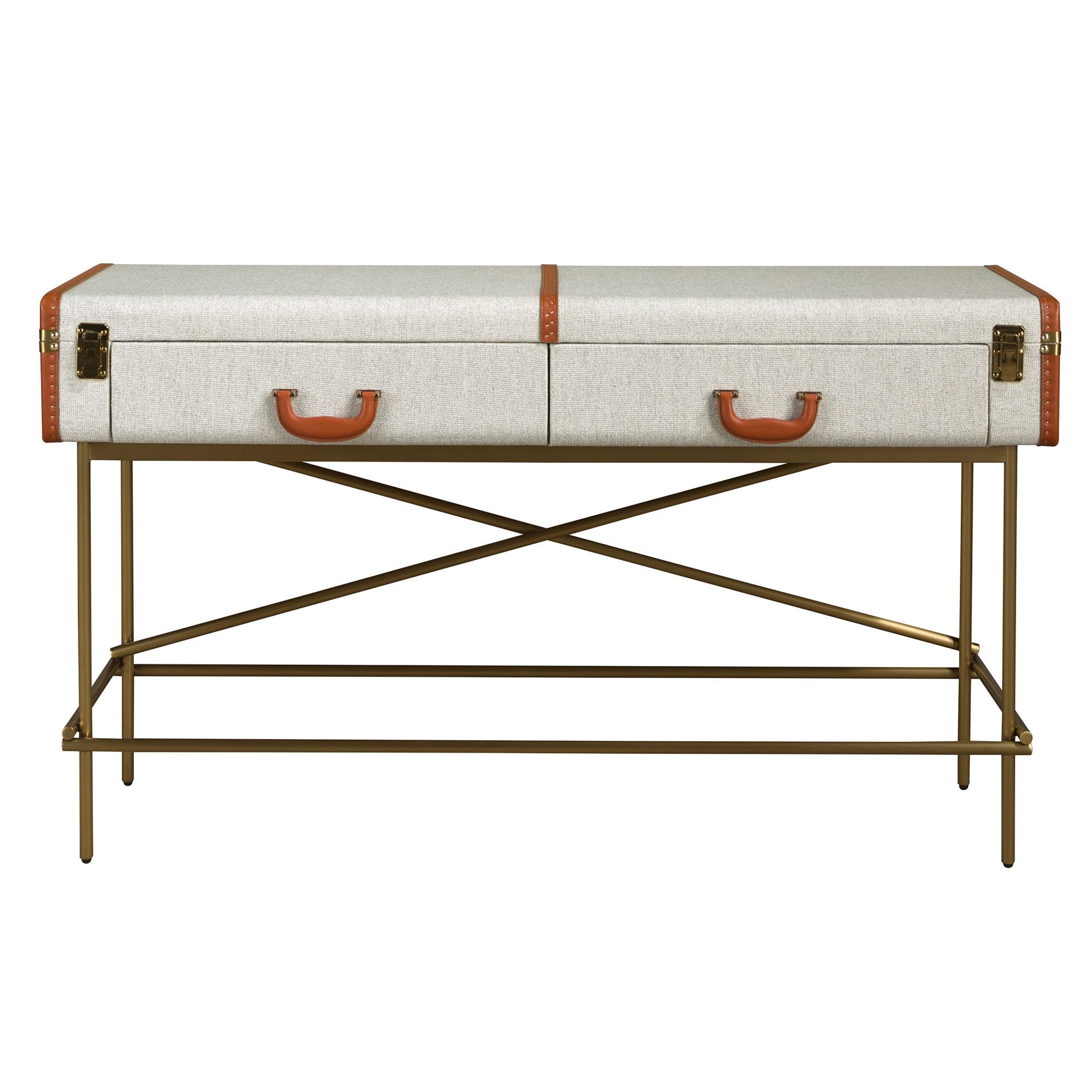 Consolle rettangolare, tessuto, noce e acciaio lucido dorato