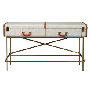 Consolle rettangolare, tessuto, noce e acciaio lucido dorato