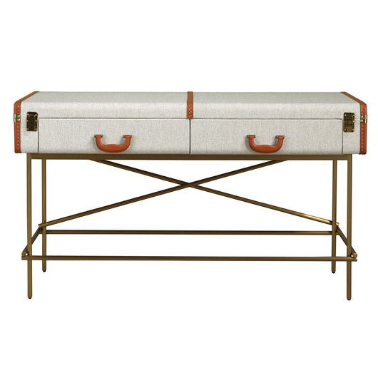 Consolle rettangolare, tessuto, noce e acciaio lucido dorato