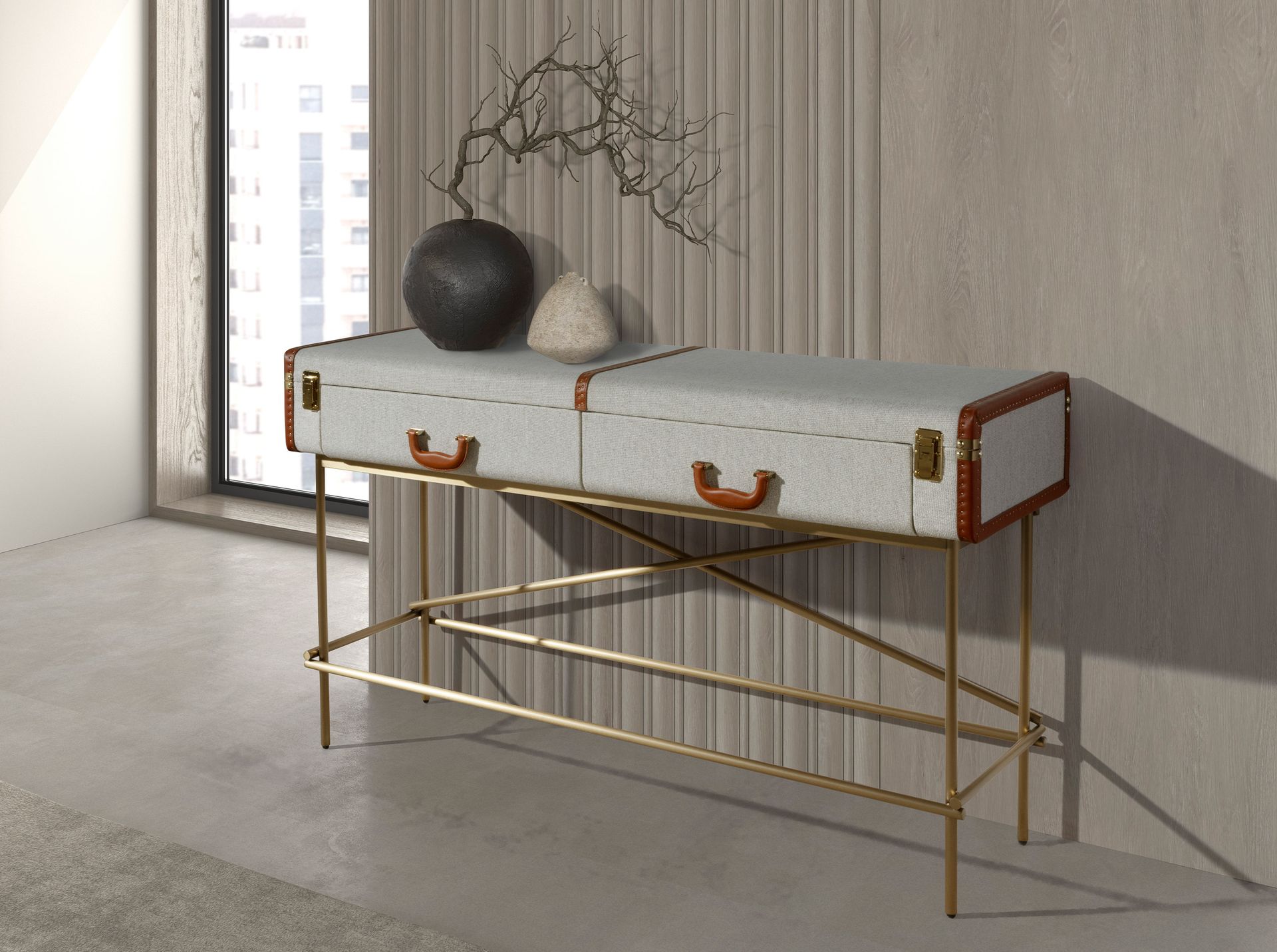 Consolle rettangolare, tessuto, noce e acciaio lucido dorato
