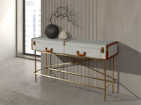 Consolle rettangolare, tessuto, noce e acciaio lucido dorato