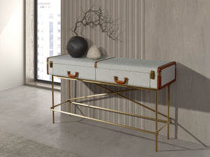 Consolle rettangolare, tessuto, noce e acciaio lucido dorato