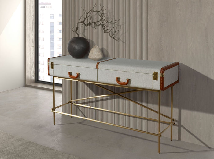Consolle rettangolare, tessuto, noce e acciaio lucido dorato