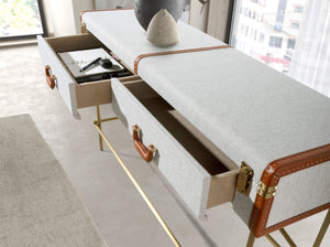 Consolle rettangolare, tessuto, noce e acciaio lucido dorato