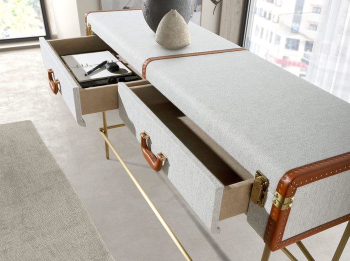 Consolle rettangolare, tessuto, noce e acciaio lucido dorato