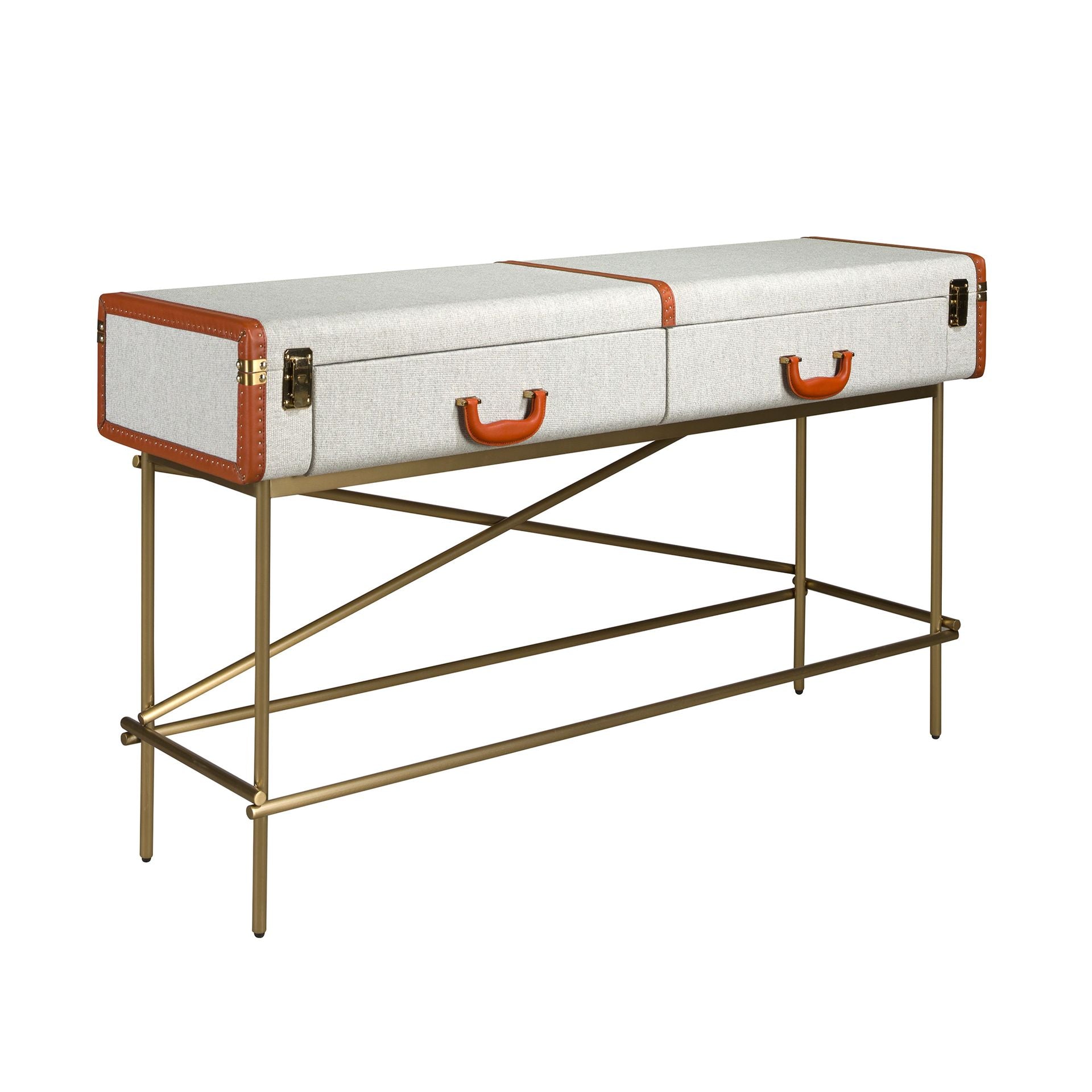 Consolle rettangolare, tessuto, noce e acciaio lucido dorato