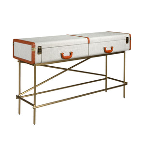 Consolle rettangolare, tessuto, noce e acciaio lucido dorato