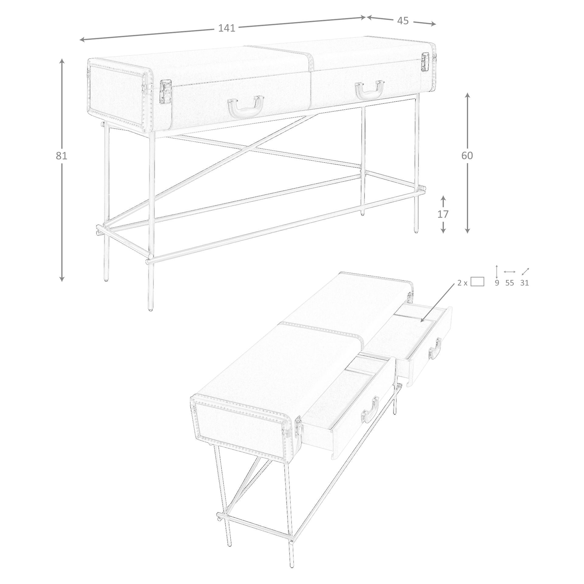 Consolle rettangolare, tessuto, noce e acciaio lucido dorato