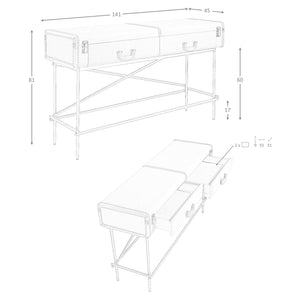 Consolle rettangolare, tessuto, noce e acciaio lucido dorato