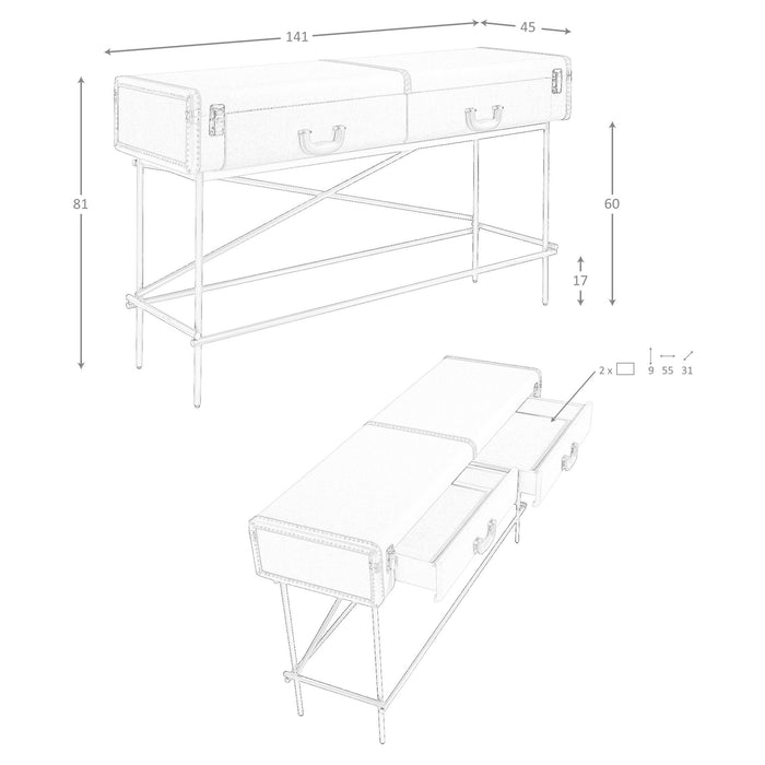 Consolle rettangolare, tessuto, noce e acciaio lucido dorato