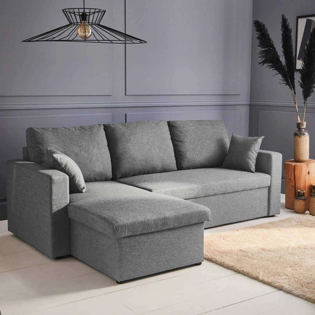 Divano letto angolare reversibile con contenitore, 3 posti, grigio