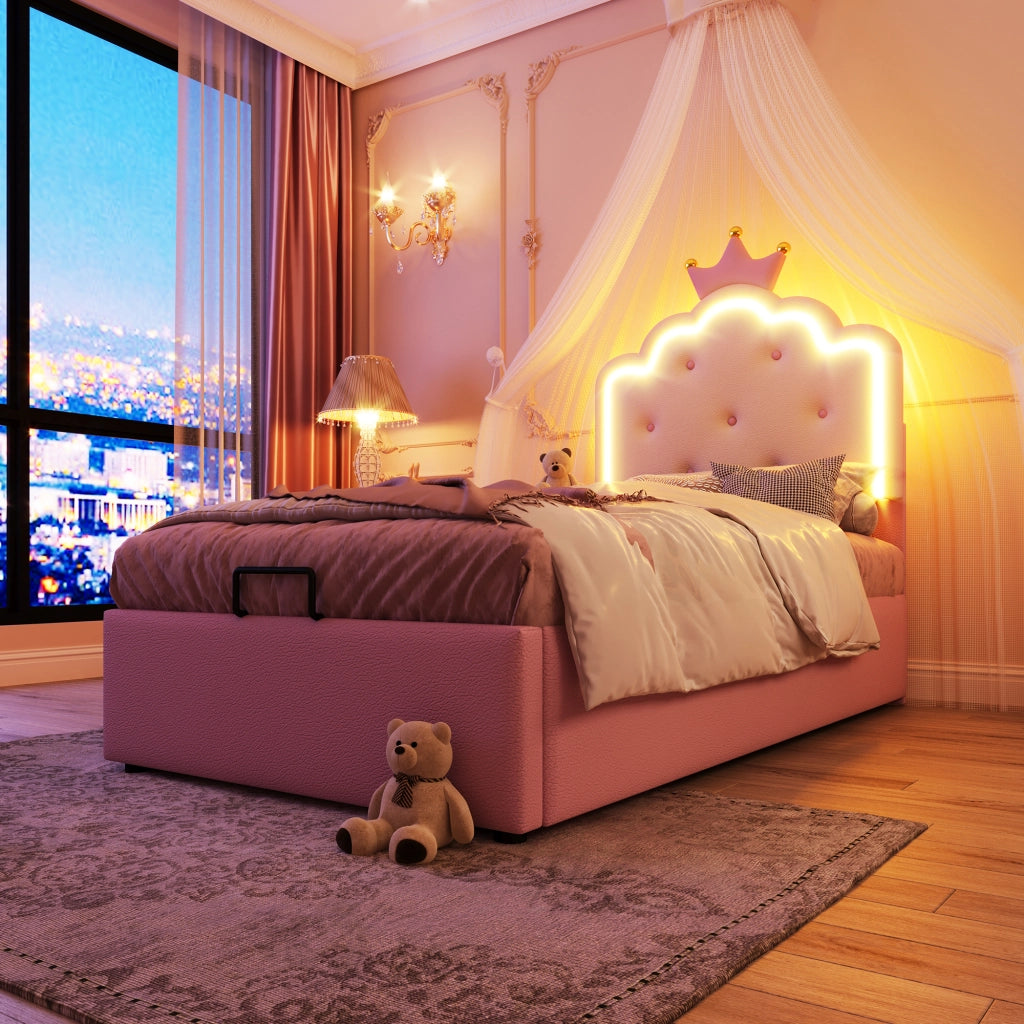 Letto imbottito per bambini 90x200 cm con rete a doghe, luce LED ambientale, contenitore idraulico, rosa