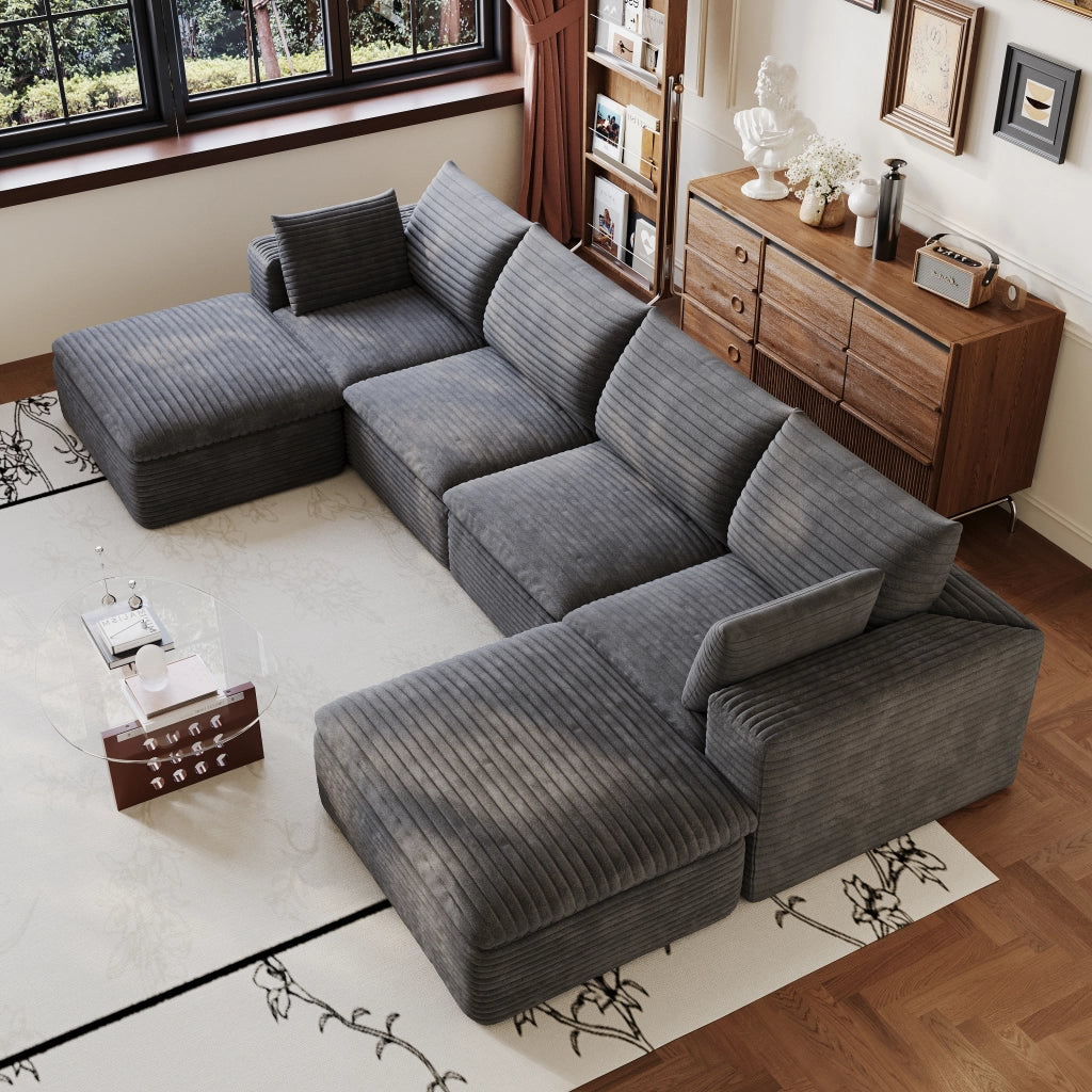 Divano modulare in tessuto grigio scuro con imbottitura in schiuma e design componibile