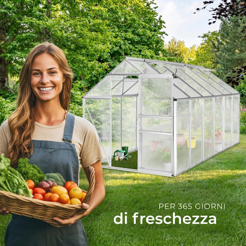 Serra da Giardino con Telaio in Alluminio Anodizzato, Serra per Orto con Lastre Alveolari Termoisolanti, Serra con Porta Scorrevole, Finestra a Tetto per Ventilazione - 375x185x195 cm