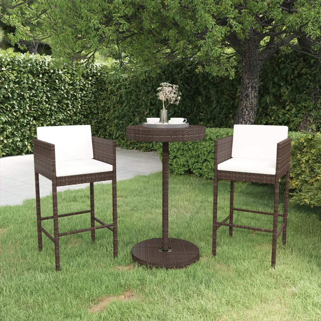 Set Bar da Giardino 3 pz con Cuscini Polyrattan Marrone 3094771