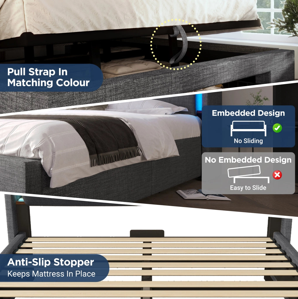 Letto singolo 90x200 cm con contenitore idraulico; LED; USB e USB-C; grigio