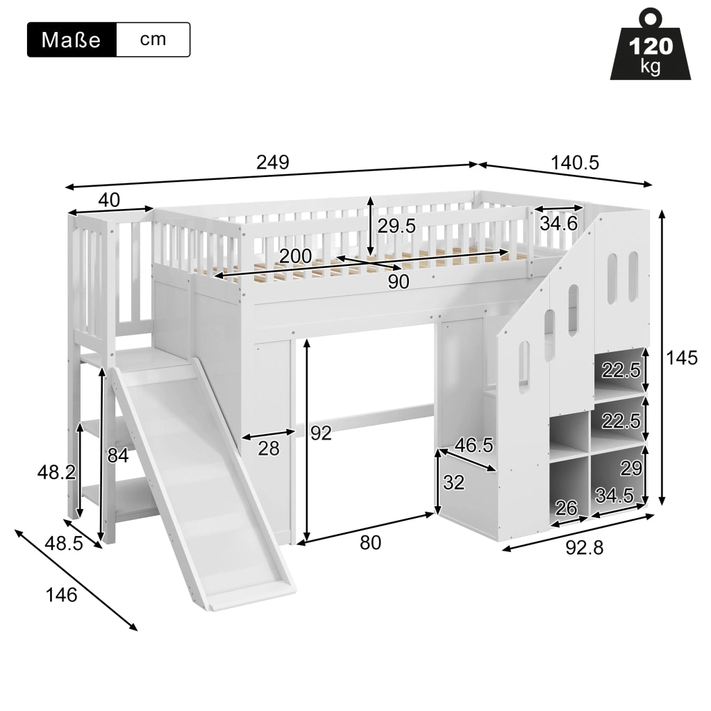 Letto a soppalco per bambini singolo 90 × 200 cm con scivolo, scala contenitore e luce led, senza materasso, bianco