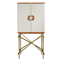 Credenza alta, tessuto, noce e acciaio lucido dorato