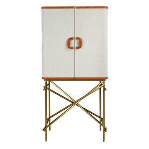 Credenza alta, tessuto, noce e acciaio lucido dorato