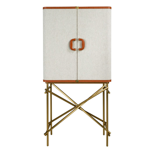 Credenza alta, tessuto, noce e acciaio lucido dorato