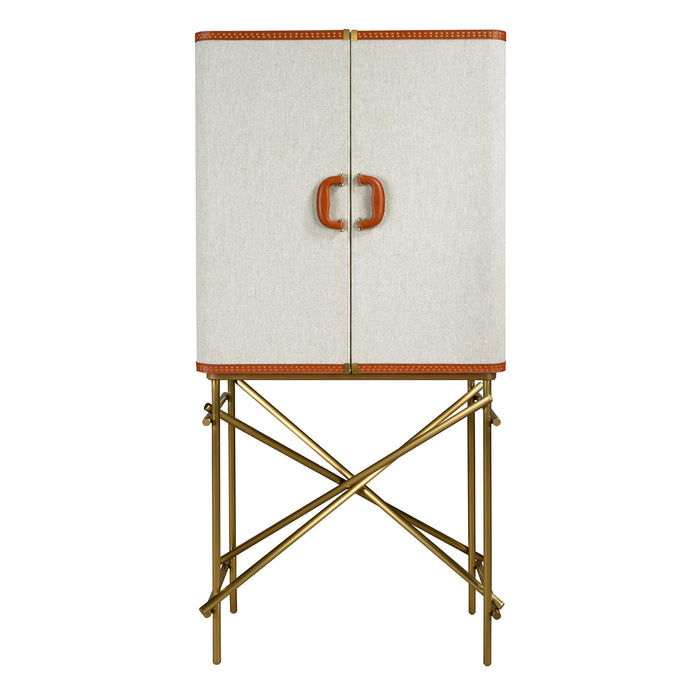 Credenza alta, tessuto, noce e acciaio lucido dorato