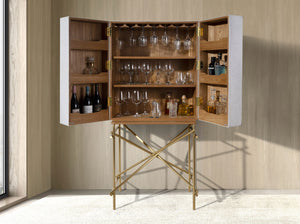 Credenza alta, tessuto, noce e acciaio lucido dorato