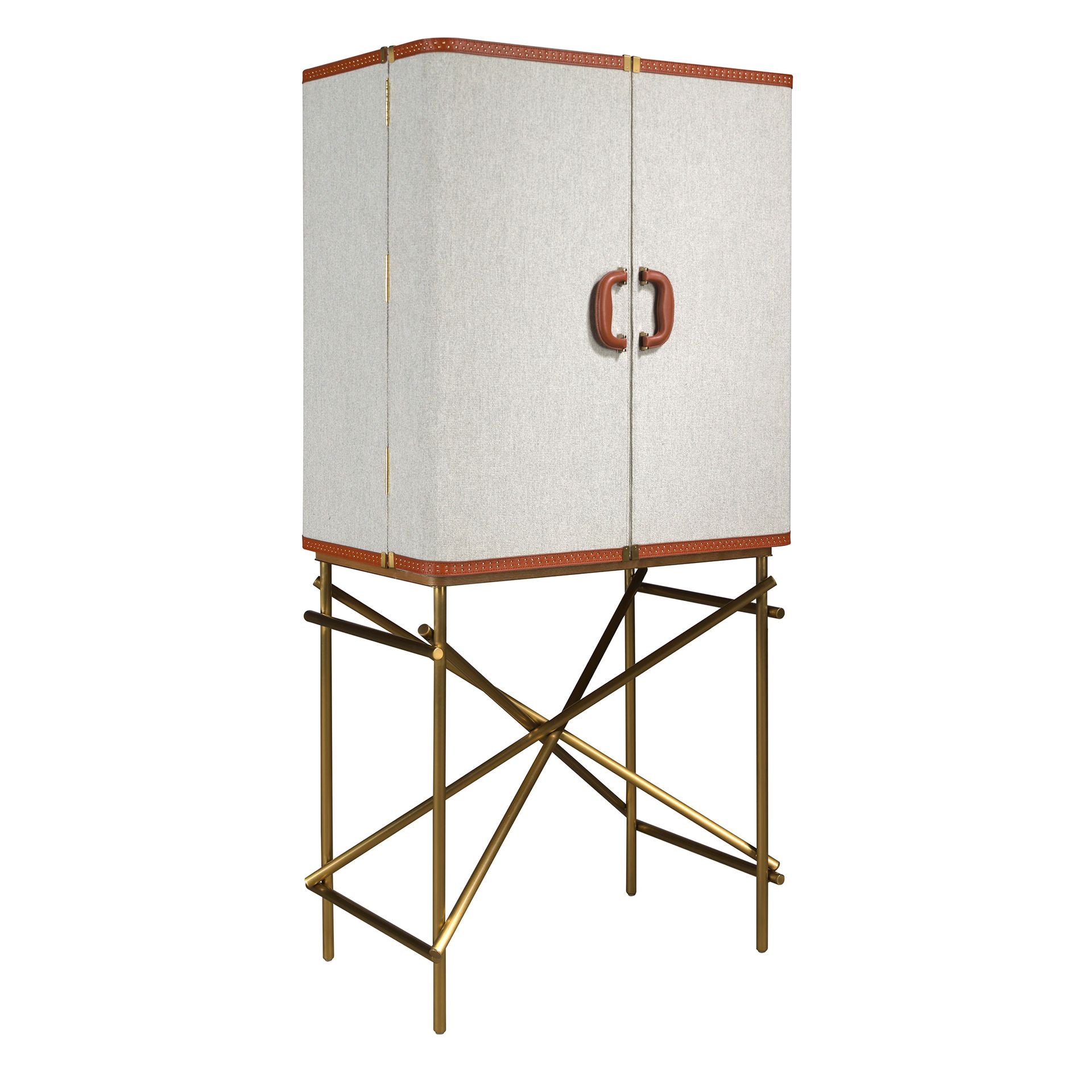 Credenza alta, tessuto, noce e acciaio lucido dorato