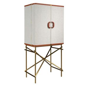 Credenza alta, tessuto, noce e acciaio lucido dorato