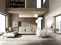 Credenza alta, tessuto, noce e acciaio lucido dorato