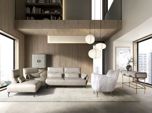 Credenza alta, tessuto, noce e acciaio lucido dorato