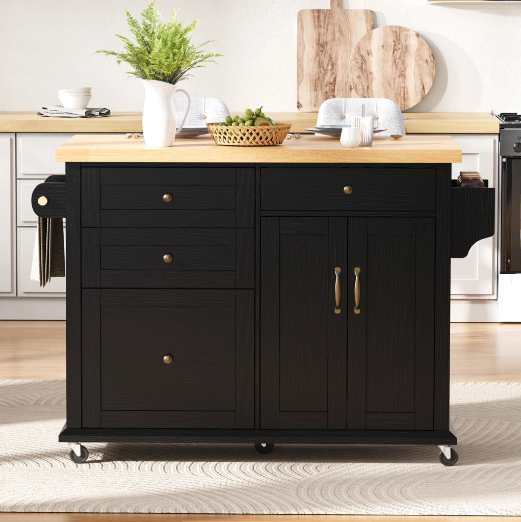 Isola da cucina 107x45-70x90.5 cm con piano estraibile in MDF nero e naturale