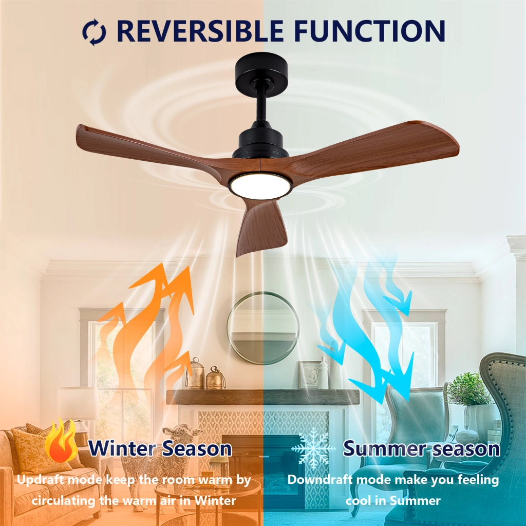 Ventilatore da soffitto 42 pollici con luce e telecomando, dimmerabile, design moderno color noce, motore DC silenzioso, per terrazze e uffici